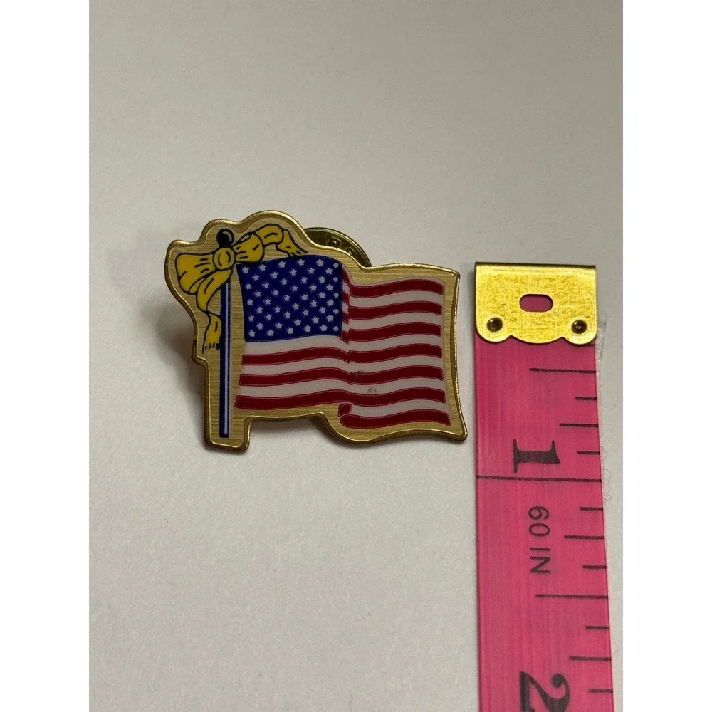 Vintage American Flag Lapel Pin‎ Yellow Bow Union Made USA Patriotic Gold Tone